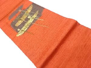 手織り紬紙布引箔抽象とんぼ模様織出し袋帯